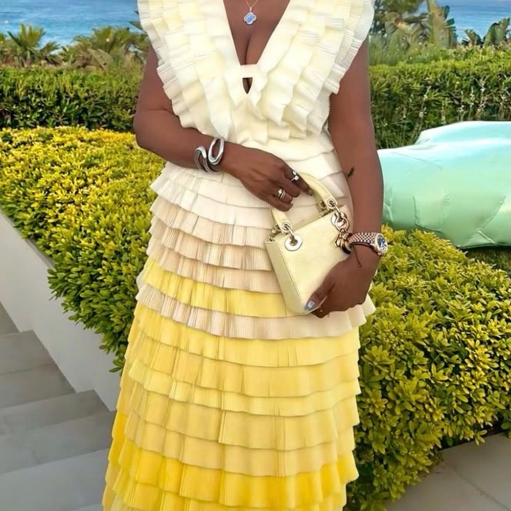Aje Reflections Ombré Gown -Pleated Ruffle Tiered Dress in Cream and Yellow MOB - Picture 5 of 14